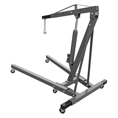 Heavy Duty Folding Shop Crane With Hydraulic Engine Hoist six wheel base and safety brakes, featuring a heavy steel frame and telescoping boom.