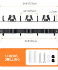 Built Tough Heavy Duty Wall Mounted Broom And Mop Holder, Stainless Steel Tool Organizer Rack With 3 Racks And 4 Hooks, dimensions and screws shown