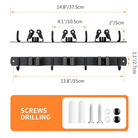 Built Tough Heavy Duty Wall Mounted Broom And Mop Holder, Stainless Steel Tool Organizer Rack With 3 Racks And 4 Hooks, dimensions and screws shown