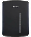 Kickass Slick Black Wall Mount Paper Towel Dispenser For Multifold And C Fold Sheets With Dead Simple Refill Access and Built Damn Tough Commercial Grade Housing front view.