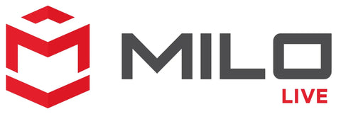 Red and grey MILO logo with geometric design and LIVE text in red
