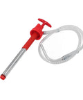Top Notch Portable Transfer Pump For 20L Drums, red handle, stainless steel body, clear hose, designed for fluid transfer.