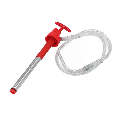 Top Notch Portable Transfer Pump For 20L Drums, red handle, stainless steel body, clear hose, designed for fluid transfer.