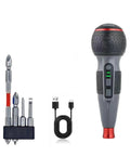 Fast Charging Cordless Mini Drill With USB Charging And Six Interchangeable Bits Including Phillips And Flathead shown front view with USB cable.