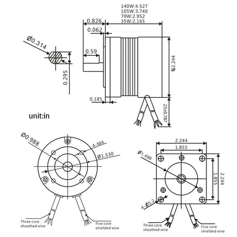 Technical drawing of 57mm BLDC Motor With Hall Sensor, 3000 RPM, 70W, 24V, dimensions and wiring, ideal for robotics and CNC projects