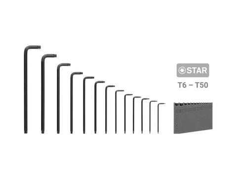 Star L Key Set With Holder, 13 Piece T6 Through T50, arranged with gray holder visible