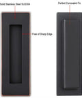 Flush Pull Handle Set 6 Inch Rectangular Oil Rubbed Bronze Edge Free Chamfered Edges Smooth Soft Touch Finish Deep Finger Grip The Go To Pick For Sliding Pocket Barn Doors Or Cabinets 2 Pack shows front and back view.
