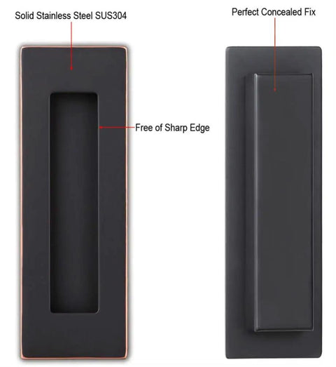 Flush Pull Handle Set 6 Inch Rectangular Oil Rubbed Bronze Edge Free Chamfered Edges Smooth Soft Touch Finish Deep Finger Grip The Go To Pick For Sliding Pocket Barn Doors Or Cabinets 2 Pack shows front and back view.