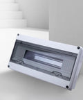 Weatherproof 18-Circuit Outdoor Electrical Junction Box With Distribution Panel Enclosure For Home And RV Use, shown angled view
