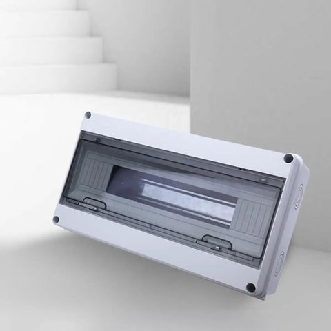 Weatherproof 18-Circuit Outdoor Electrical Junction Box With Distribution Panel Enclosure For Home And RV Use, shown angled view