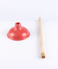 Eighteen Inch Heavy Duty Toilet Plunger Featuring A Thick Red Rubber Cup And Sturdy Wood Grip showing red rubber cup and wood handle.