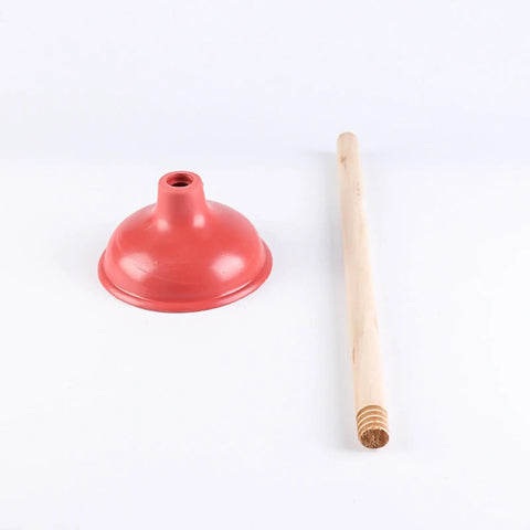 Eighteen Inch Heavy Duty Toilet Plunger Featuring A Thick Red Rubber Cup And Sturdy Wood Grip showing red rubber cup and wood handle.