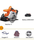 Top Shelf 5.5 Inch Cordless Circular Saw With 20V Battery And Quick Adjustable Bevel Up To 45 Degrees suspended with battery and accessories.