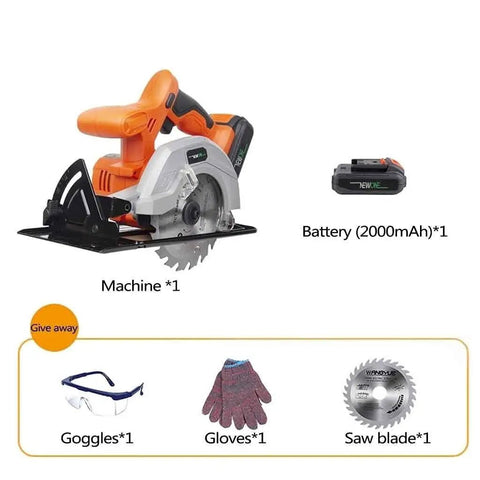 Top Shelf 5.5 Inch Cordless Circular Saw With 20V Battery And Quick Adjustable Bevel Up To 45 Degrees suspended with battery and accessories.