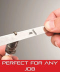 Person using Tempered Steel English Thickness Gage With Easily Removed Leaves For Carpenters And DIY Pros 31 Leaves on a metal part.