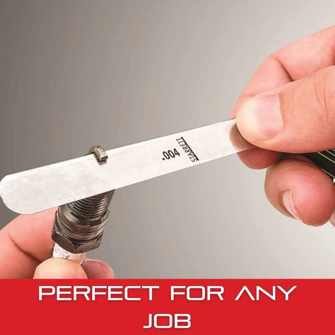 Person using Tempered Steel English Thickness Gage With Easily Removed Leaves For Carpenters And DIY Pros 31 Leaves on a metal part.