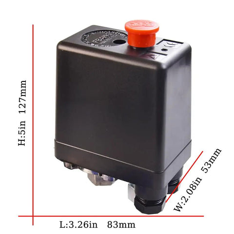 Heavy Duty Pro Grade Air Compressor Pressure Switch Regulating Valve 90 To 120 Psi For 220 To 240 Volt Systems side view
