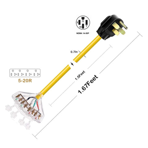 50 Amp To 20 Amp RV Power Adapter NEMA 14 50P To Four 5 20R Receptacles One And A Half Foot Cord With Dust Caps UL Listed