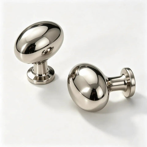 Top Shelf Slick Titanium Silver Mushroom Cabinet Knobs And Drawer Pulls For Kitchen Bathroom And Dresser Crafted From Rock Solid Zinc Alloy With Polished Chrome Finish Modern Minimalist Furniture Hardware 6 Pack Set, showing two polished knobs.