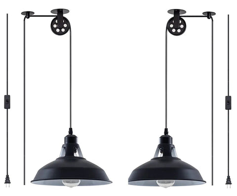 Plug In Industrial Pulley Pendant Light With E26 Socket And 16 Foot 4 Inch Cord On Off Switch Vintage Hanging Fixture 2 Pack Black