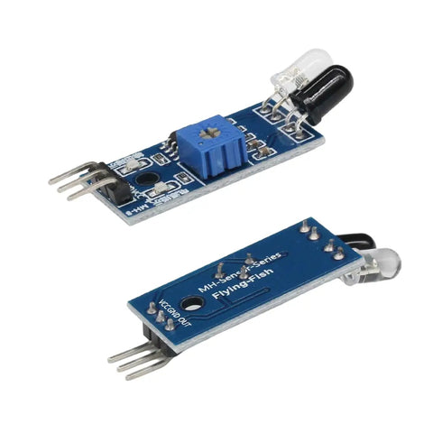 Infrared Obstacle Avoidance Module With Dual Tube Photoreflective Sensors And Adjustable Detection Range From Two To Thirty Centimeters Arduino Compatible Plug And Play For DIY Robots And Smart Projects, shown in close-up view highlighting dual IR tubes and adjustable components.
