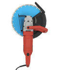 Badass 3000W 14 Inch Electric Concrete Saw With Built In Water Pump For Wet And Dry Cuts, top view with diamond blade.