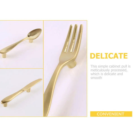Three-Piece Kitchen Cabinet Handles Set With Gold Finish Drawer Knobs And Pulls For Home Cabinets Doors Bedroom Dresser And Living Room Storage Vintage Silverware Themed Hardware That Installs Fast And Elevates Any Space With A Boss Vibe shown in silverware design close-up