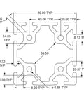 Top Shelf 80X80mm Aluminum T Slot Extrusion Profile Rail With Eight Open Channels And Clear Anodized Finish showing detailed dimensions and design.