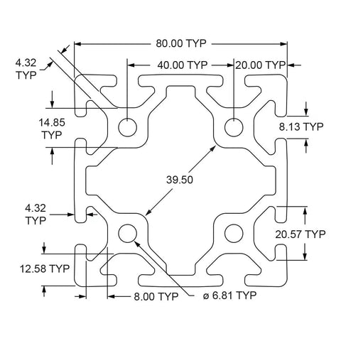 Top Shelf 80X80mm Aluminum T Slot Extrusion Profile Rail With Eight Open Channels And Clear Anodized Finish showing detailed dimensions and design.