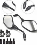 Premium 2 Pack Motorcycle Rearview Mirrors With Wide Angle HD Glass And Anti Shatter Coating For Safe Street Biking Cruiser Scooter Or E bike Riding Experience Featuring Adjustable Foldable Design, black mirrors with 10mm mounts
