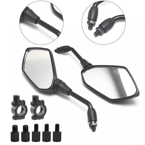 Premium 2 Pack Motorcycle Rearview Mirrors With Wide Angle HD Glass And Anti Shatter Coating For Safe Street Biking Cruiser Scooter Or E bike Riding Experience Featuring Adjustable Foldable Design, black mirrors with 10mm mounts
