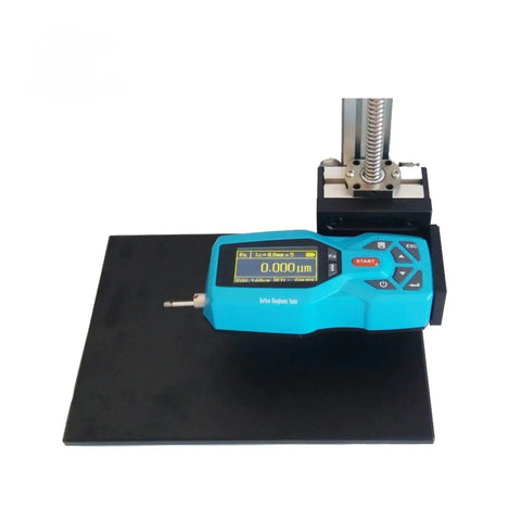 Portable Digital Surface Roughness Tester SR200 With Hella Clear Two Point Four Inch Backlit LCD and Super Fast Charging handheld profilometer measuring surface texture on a flat surface.