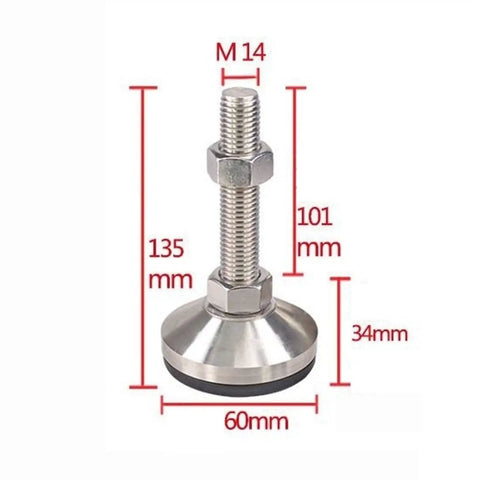 Rock Solid Heavy Duty Self Leveling Feet Set Of Four With Beefy Adjustable Stainless Steel Legs And Tough Anti Skid Rubber Base Pads For Workbench Machinery And Furniture Setup shown with dimensions.