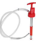 Handy Portable Oil Pump For Effortless Transfer And Extraction Of Motor, Heating, And Transmission Fluid From 5 Gallon Drums With Brass Head And Steel Build, featuring red handle and flexible tubing.