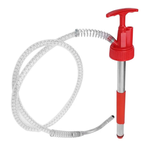 Handy Portable Oil Pump For Effortless Transfer And Extraction Of Motor, Heating, And Transmission Fluid From 5 Gallon Drums With Brass Head And Steel Build, featuring red handle and flexible tubing.