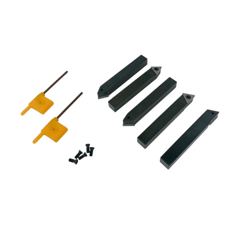 Rock Solid Set of Five 1/2 Inch Indexable Carbide Lathe Turning Tool Bits With Chip Breaker Inserts For Precision Metalworking And Heavy Duty DIY Projects Right Left Threading Plus Angled Styles, includes five carbide bits and inserts.