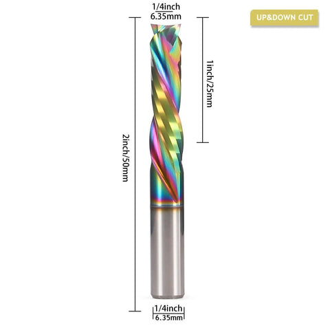 Front view: Spiral router bit with DLC coating, 1/4in shank, 1/4in diameter, 1in cutting length for wood carving.
