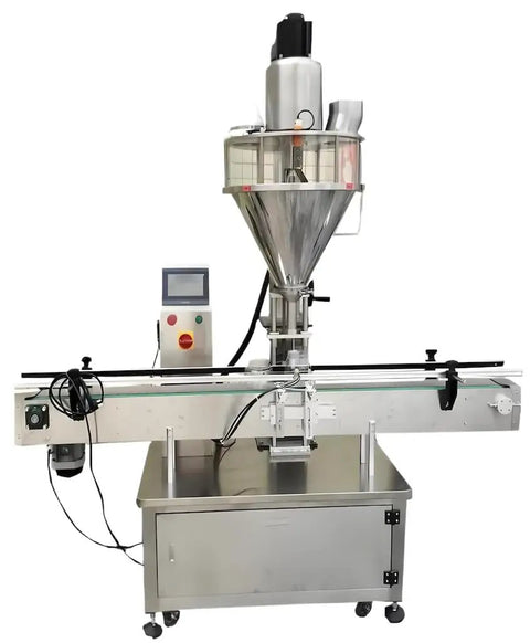 Heavy Duty Automatic Dual Head Linear Weigher Filler for Coffee Rice Bean Powder on a stainless steel table with control panel.