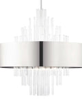 Sleek 10 Light Polished Nickel Pendant Chandelier Featuring Clean Drum Shade And Sparkling Clear Crystal Rods To Bring Major Luxe Vibes To Your Awesome Home, showcasing crystal rods.