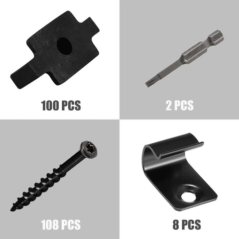 Badass Composite Decking Fastener Kit With 100 Nylon Hidden T Clips And 304 Stainless Steel Start Clips Including 108 Screws Plus 2 Drive Bits For 55 Sq Ft Universal Deck Board Installation Project components including T clips, screws, and drive bits.