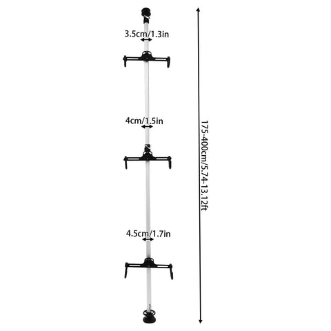 Three Bike Vertical Storage Rack, Floor To Ceiling Freestanding Hanger With 360 Degree Adjustable Hooks, dimensions and measurements shown