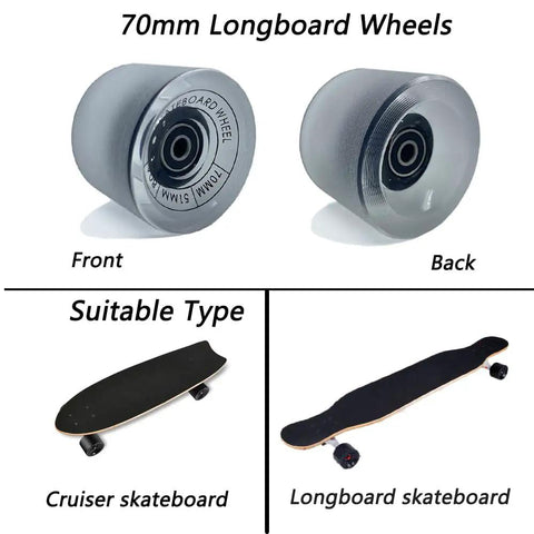 70mm Longboard Wheels 51mm Wide With 80A Hardness And ABEC-9 Bearings, Includes Spacers, Riser Pads And All Hardware, Clear Frosted Finish
