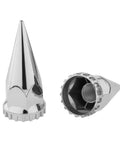 33mm Lug Nut Covers For Semi Trucks Chrome Spike Type Flanged Screw On 4.75 Inch Height Durable ABS Lug Nut Caps Kit 20 Piece Set For Tough Protection And Street Ready Look displayed acutely angled in a white background with rear fitting details visible.