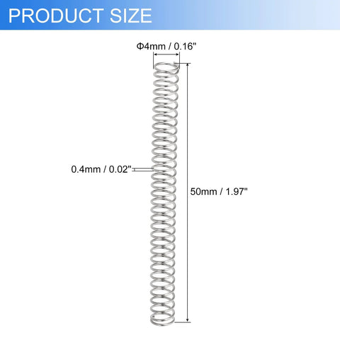 Compression spring, 50mm long, 4mm OD, 0.4mm wire, 304 stainless steel, silver