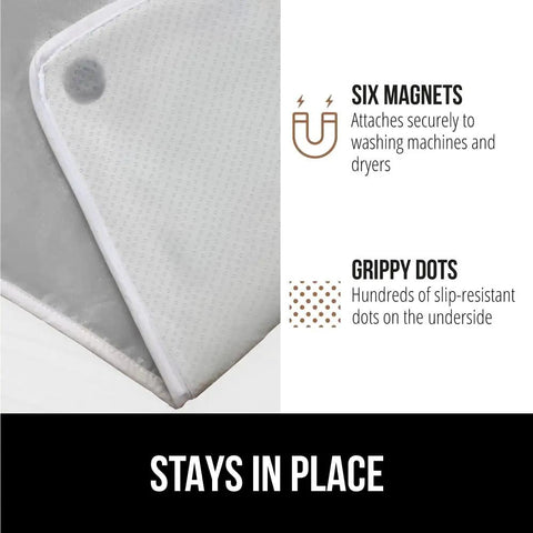 Heavy Duty Ironing Board Pad With Silicone Coating, 400 Degree Heat Resistant Thick Padding, No Slip Magnetic Straps And Hook And Loop Fastener, Keeps Pad Flat On Standard Boards, Stain And Water Resistant, Silver 28x24, showing magnetic feature