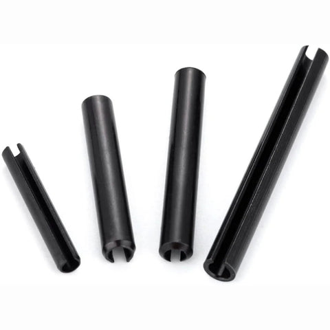 Roll Pins Assortment Kit Slotted Hollow Dowel Pins 450 Pcs For Auto Mechanical Workshop Pro Grade Gearhead Approved Repairs Durable Spring Steel With Black Oxide Finish, showing various sizes of black slotted pins.