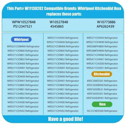 Part# W11130202 compatibility chart for Whirlpool, KitchenAid, Ikea models suitable for Freezer Glass Shelf Replacement 2 Pack.