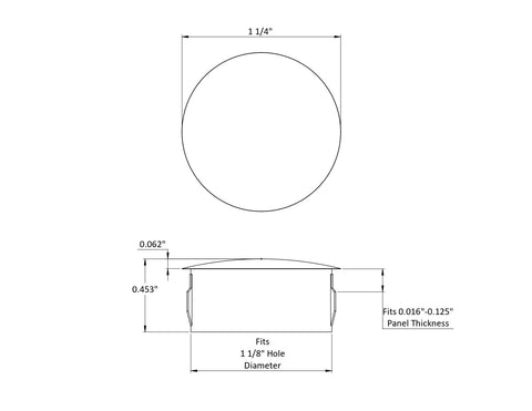 Technical drawing of Black Nylon Hole Plugs For 1 1/8 Inch Holes With Locking Tabs, side and top view with dimensions.