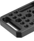 Close-up of Premium Aluminum Alloy Pro Grade Camera Cheese Plate for DSLR with multiple screw holes, CNC machined design.