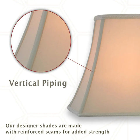 Close-up of vertical piping on Top Notch Designer Lamp Shade Rectangle Bell With Cut Corner Eggshell Silk Shantung Hand Tailored Lining 6.25x8 Top 11x16 Bottom 12 Slant Standard Spider Fitter Warm Ambient Glow.